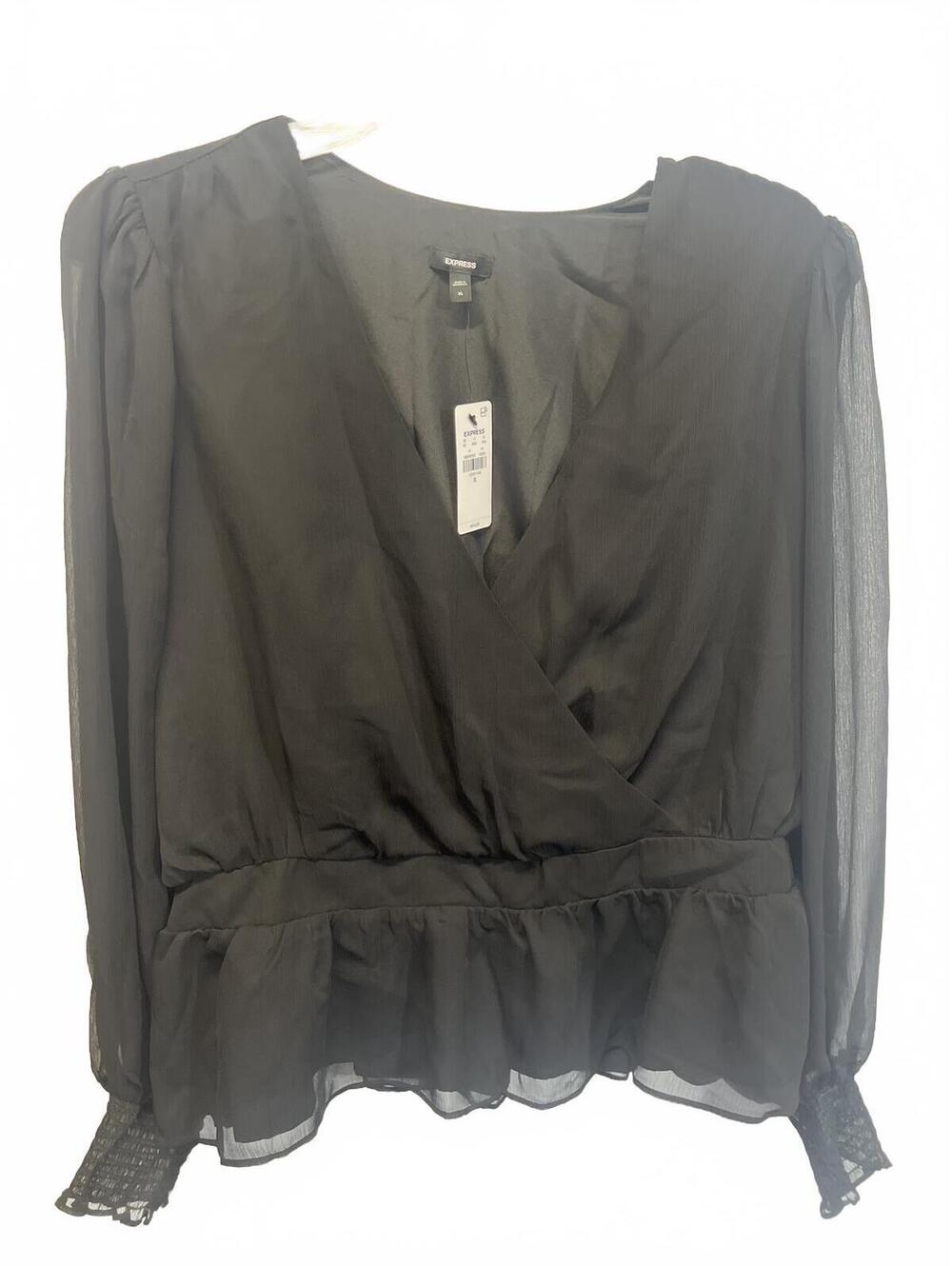Express XL Black Peplum Blouse Sheer Long Sleeve Women's V-neck Wrap Top New